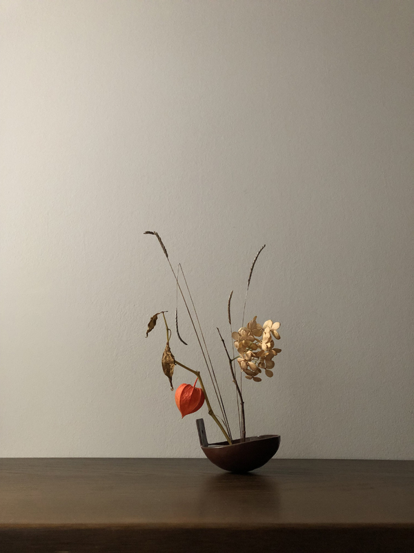 061224, hydrangea, dog’s tail, winter cherry, copper bowl